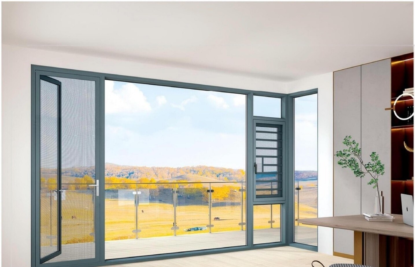 110-117 casement window opening onto a balcony with autumn landscape