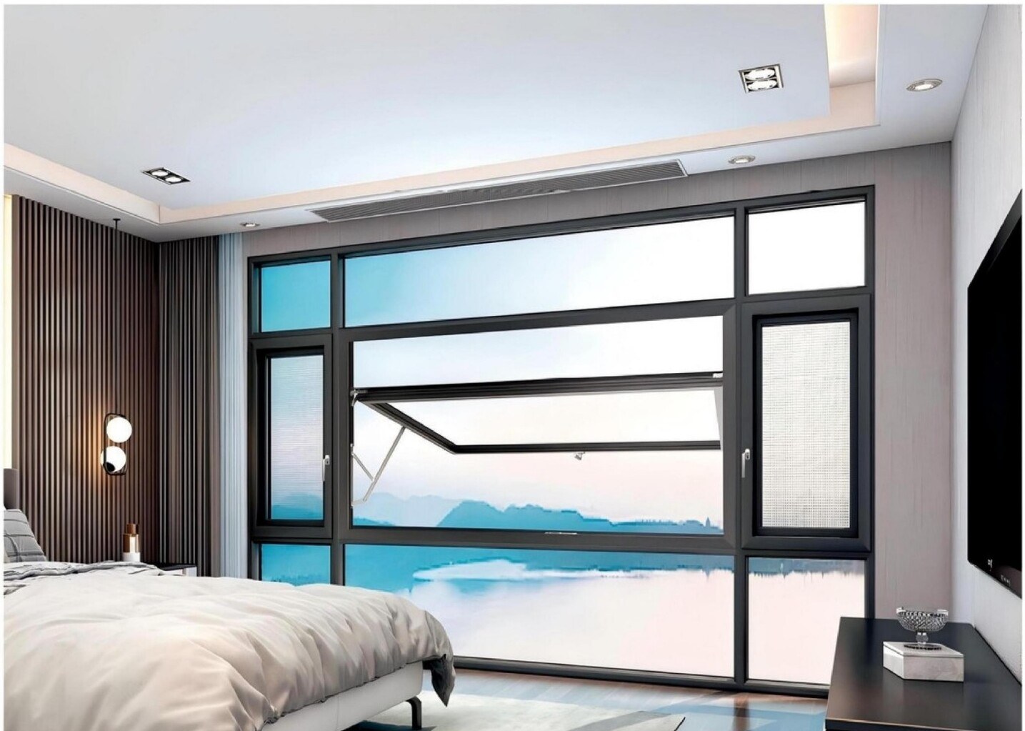 110-117 tilt-and-turn casement in a bedroom overlooking a lake