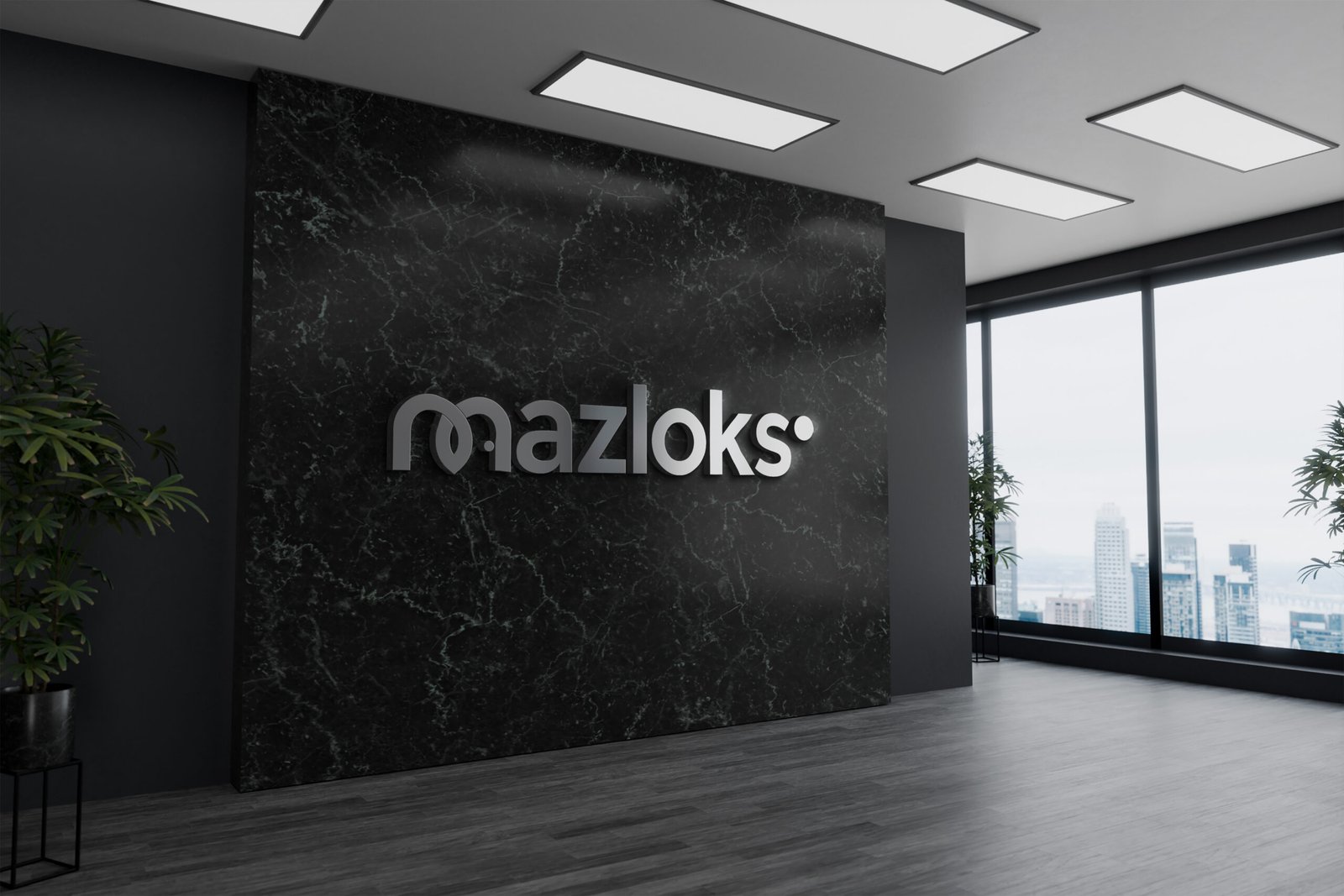 MAZLOKS office reception with marble wall logo