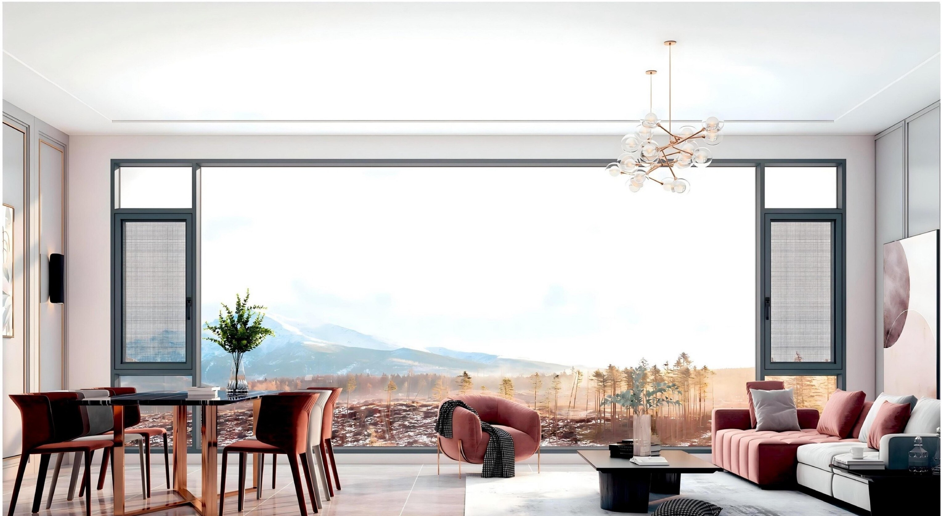 Panoramic 110-117 system framing a mountain valley living room